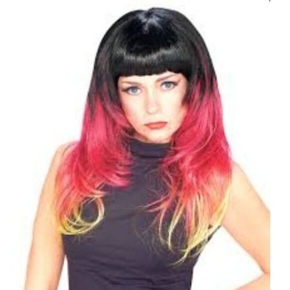 Long Black & Red Ombre Wig With Bangs Halloween Cosplay Women's Party Hair OS - Picture 1 of 5